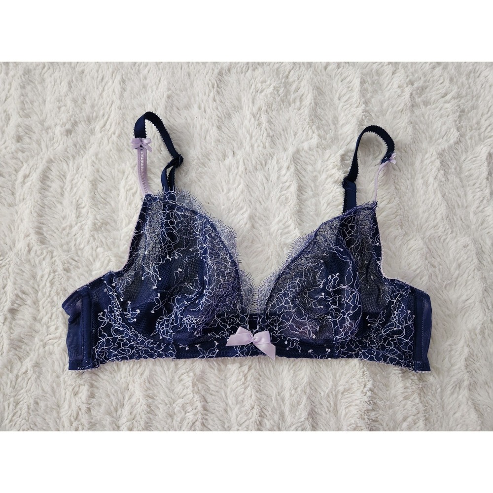 Victoria's Secret Very Sexy Unlined Plunge Bra Navy Blue Lilac Lace Bow 34B